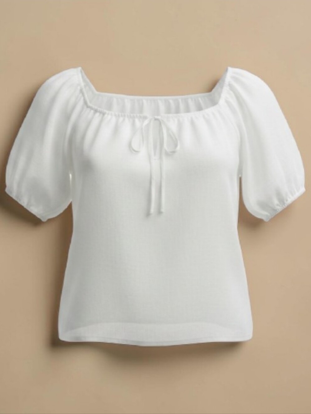Linen Style White Peasant Tie-Neck Puff Sleeve Top